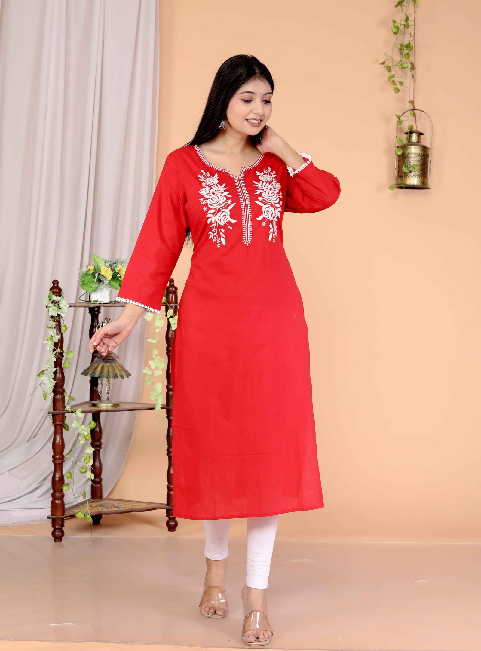 Red  Cotton Straight Kurta with white  Floral Yoke Embroidery”